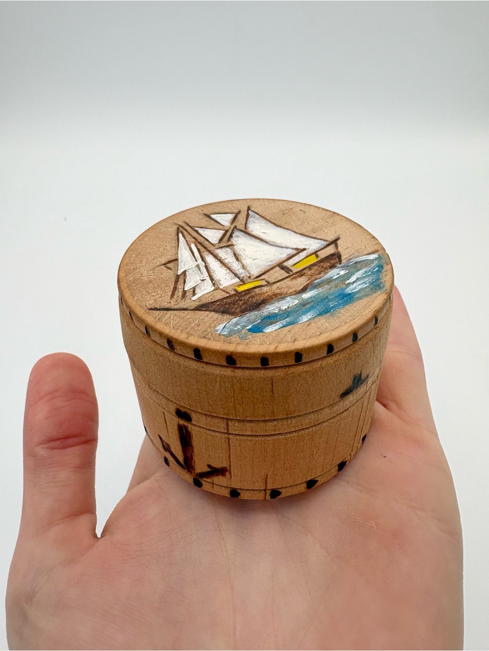 ⛵️VINTAGE Wooden Trinket Box Hand Painted Ship Boat Wood Miniature Collection